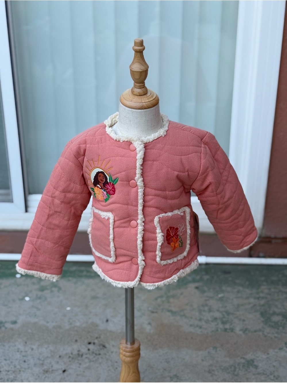 Disney Moana Coral Pink Quilted Jacket with Cream Sherpa Trim